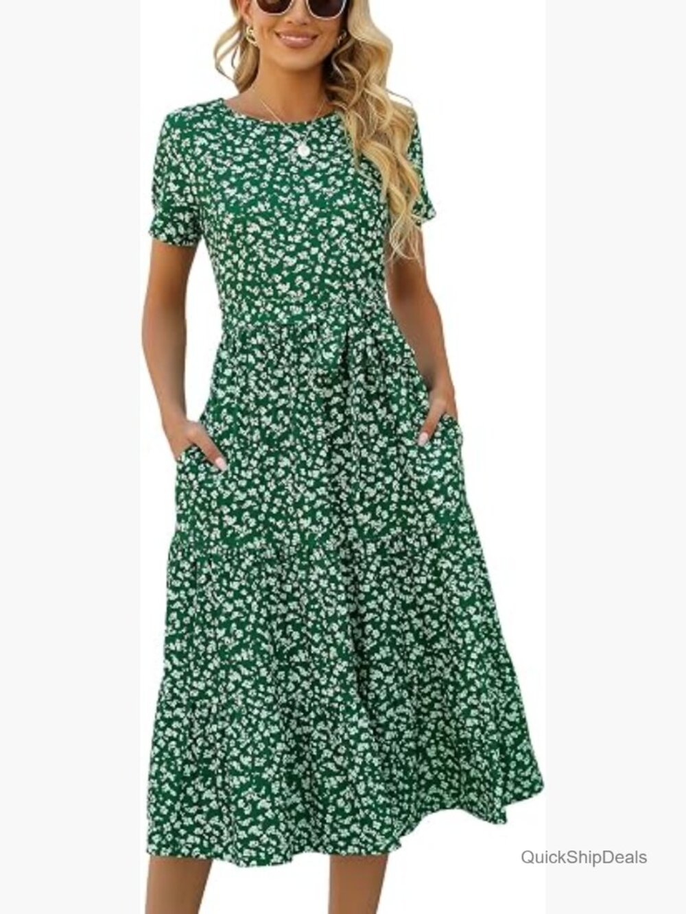 Short Sleeve Tiered Midi Dress with Pockets Boho Babydoll Sundress